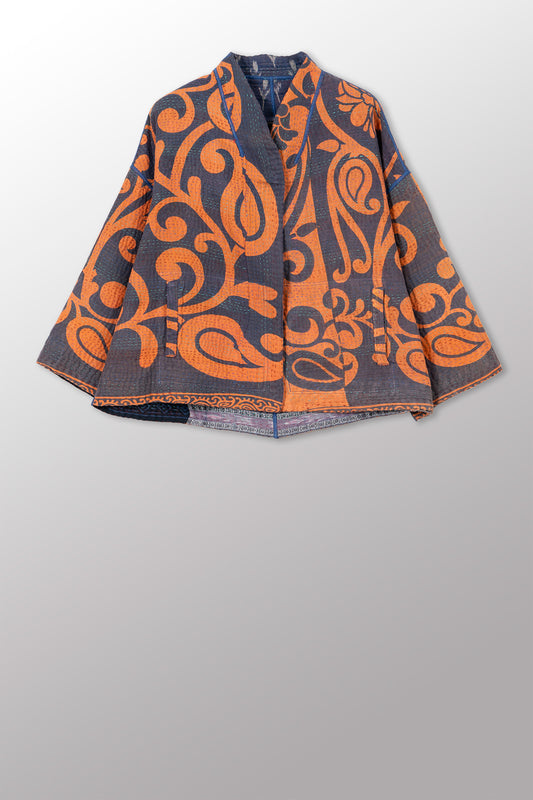 COTTON OVERDYE KANTHA STAND COLLAR CROPPED JKT - ov4034-corg001a -