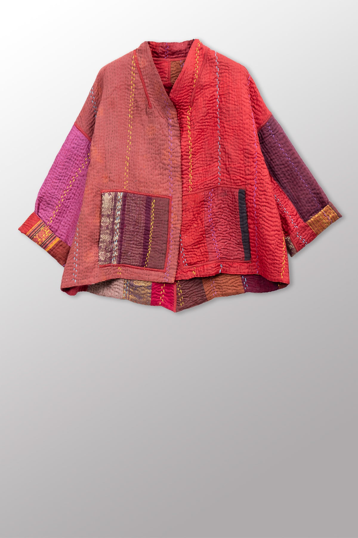 JEWEL WOVEN WITH VERTICAL PATCH KANTHA STAND COLLAR CROPPED JACKET - jv4034-red -