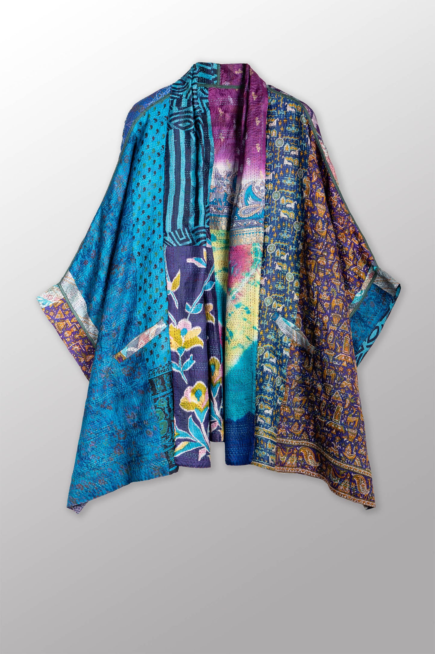 VINTAGE SILK KANTHA DOUBLE COLLAR PONCHO - sv2323-0020a -