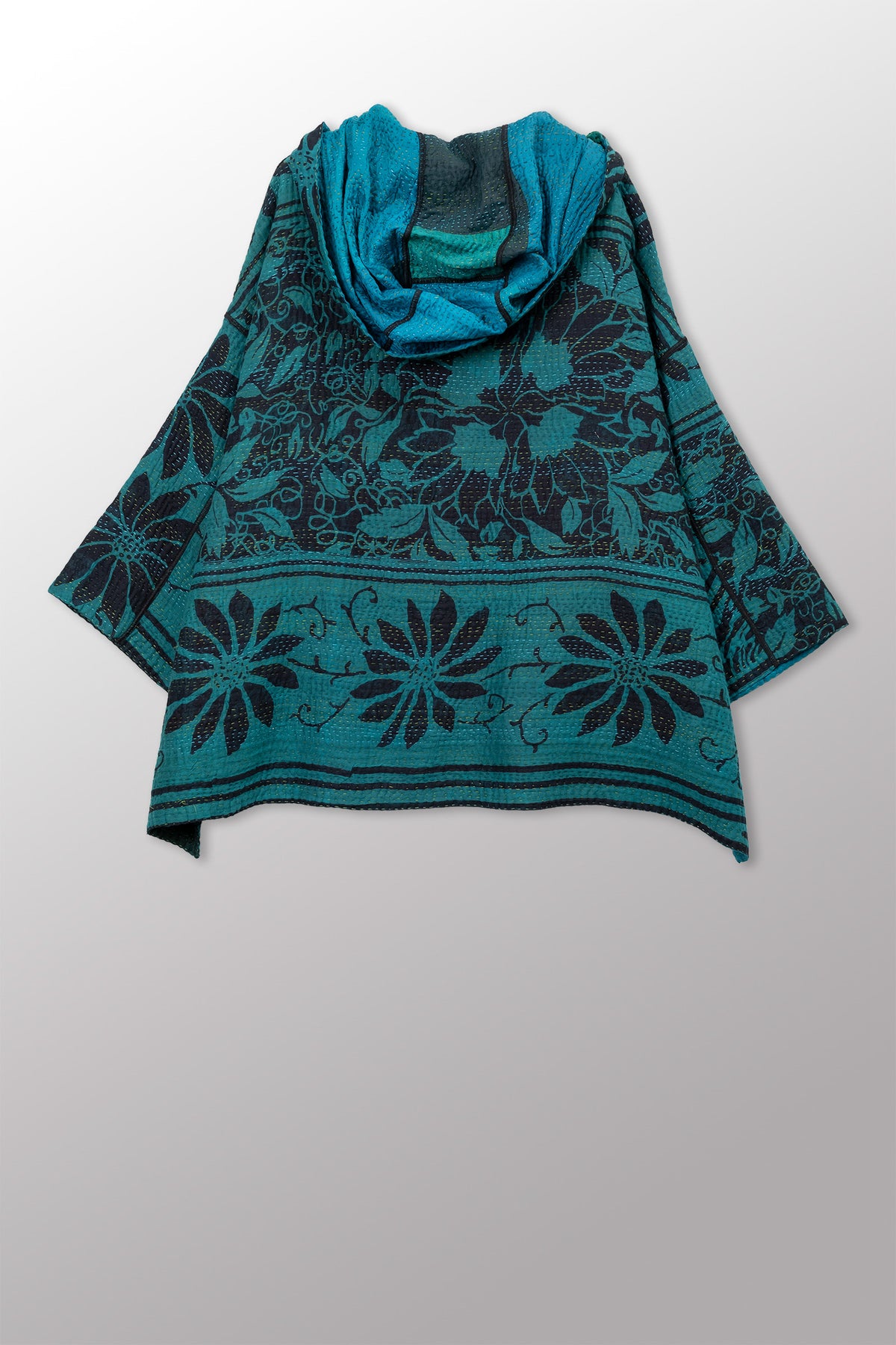 EMERALD GREEN KANTHA HOODIE PONCHO - eg4064-tel -