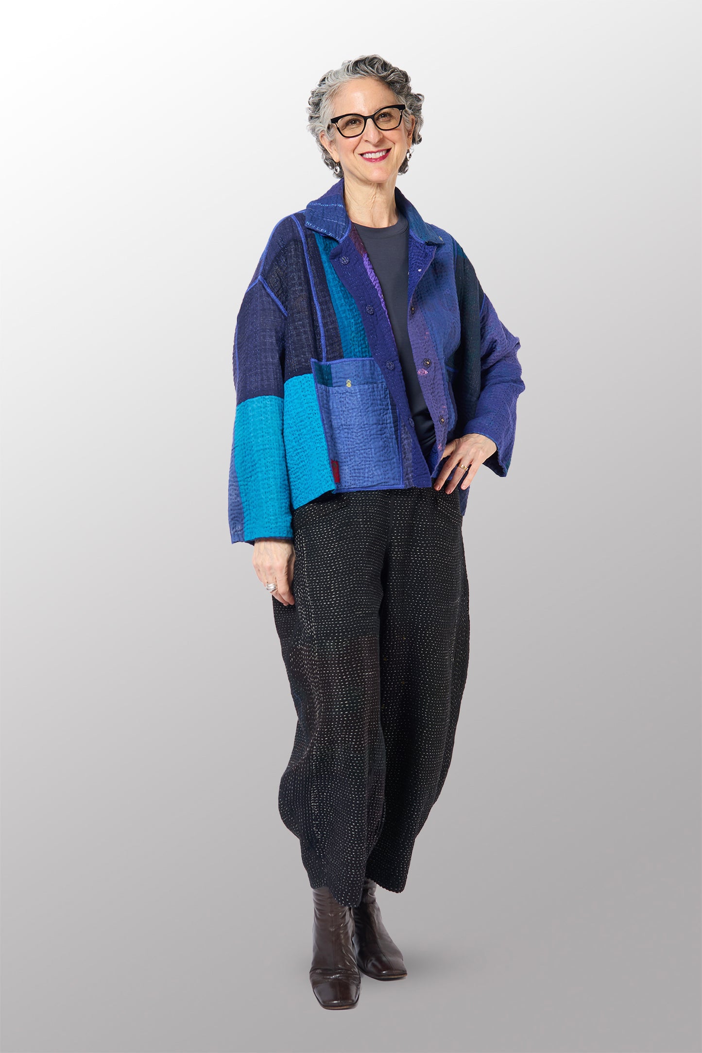 STRIPE AND CHECK COTTON SILK PATCH KANTHA CROPPED SHIRT JACKET - ss4075-blu -