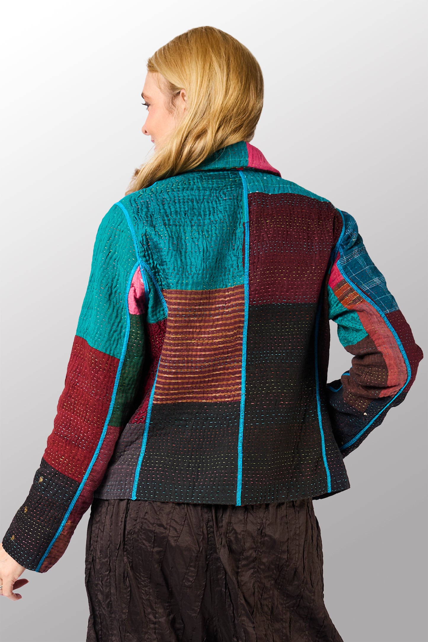 BAGH PRINT KANTHA CROPPED BASIC JACKET - bg4096-brn -