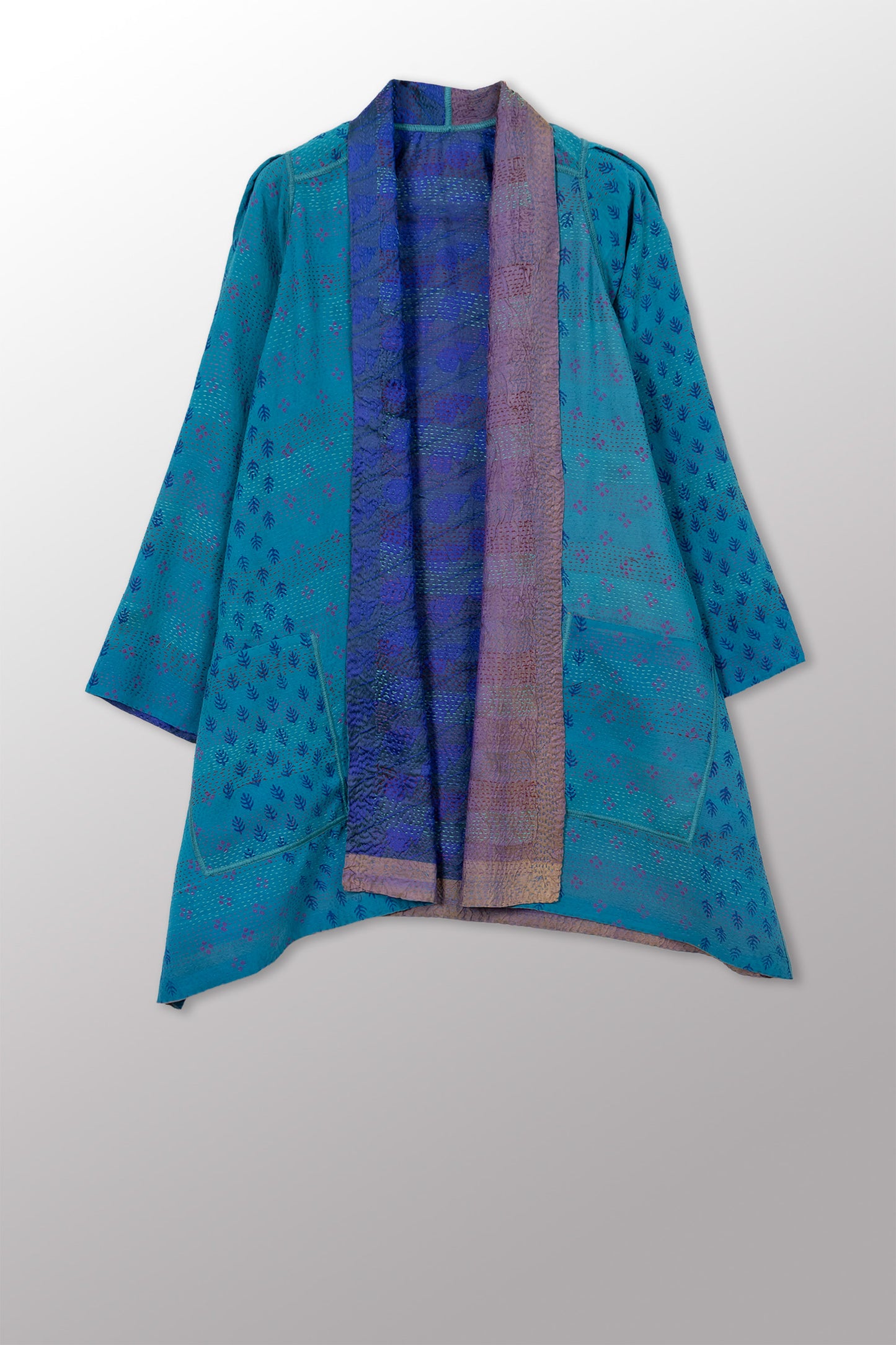GEORGETTE JACQUARD VINTAGE SILK PATCH KANTHA A-LINE JACKET - gj2003-0003a -
