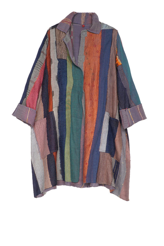 STRIPE FRAYED & HANDWOVEN KANTHA A-LINE DUSTER - ft2311-ntl -