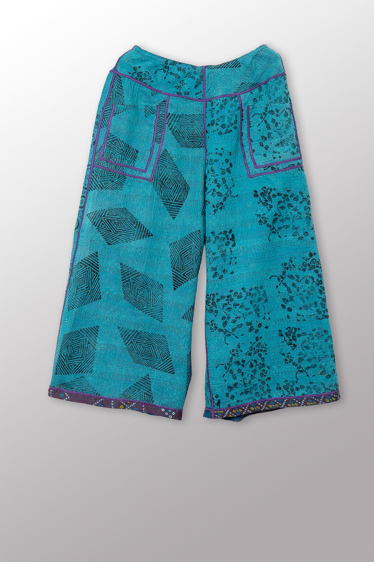 VINTAGE COTTON & NEW VOILE KANTHA MID RISE WIDE LEG PANTS - cn2665-0003m -