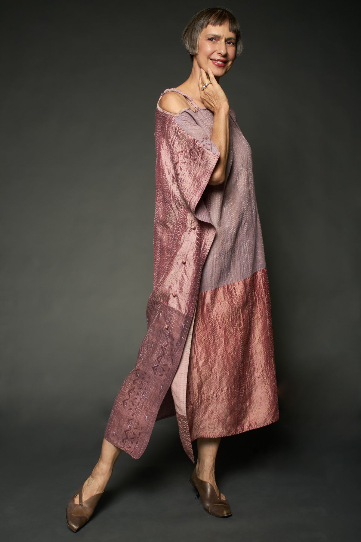 HALF SILK PATCH KANTHA ASYMMETRIC TUBE DRESS - hs2472-mov -