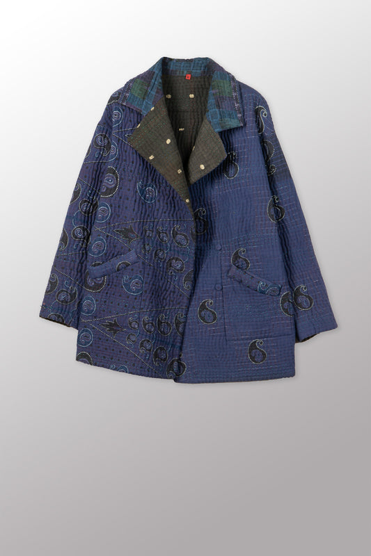 QUILTED OVERDYE COTTON KANTHA LAPELED MEDIUM JKT - oq5080-cblu001m -