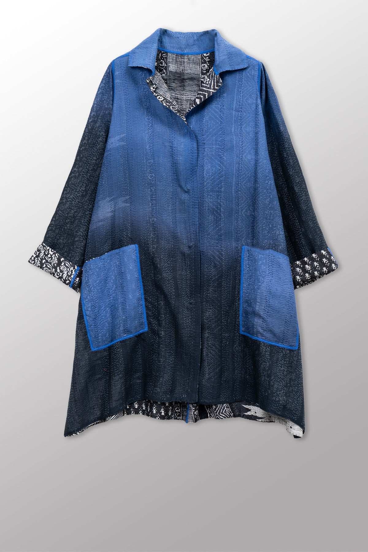SILK COTTON OMBRE PRINT KANTHA A-LINE DUSTER - os2311-blk -