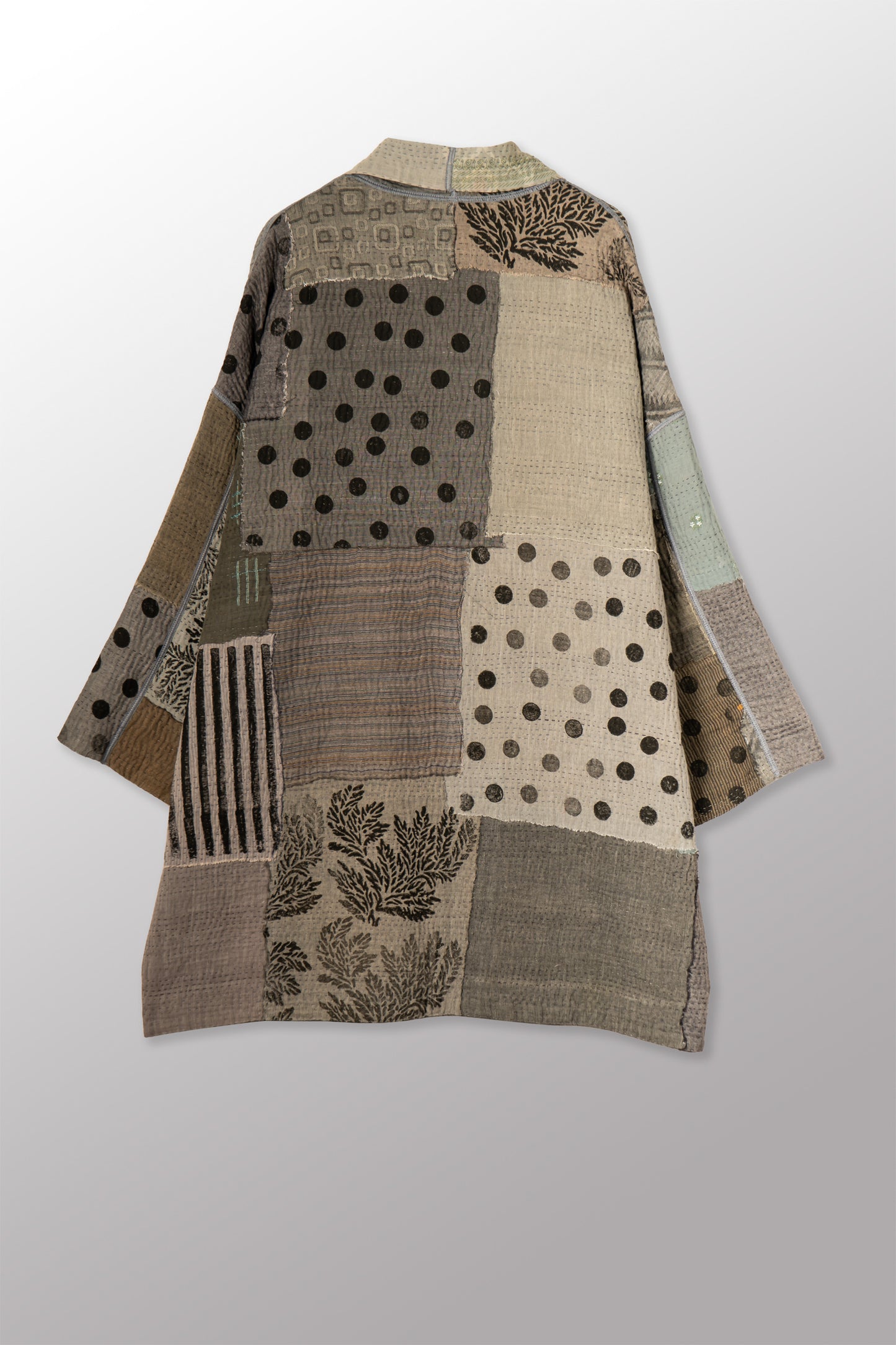 FRAYED PATCH KANTHA WITH STAMP HAORI JACKET - sp-fi4068-gry -