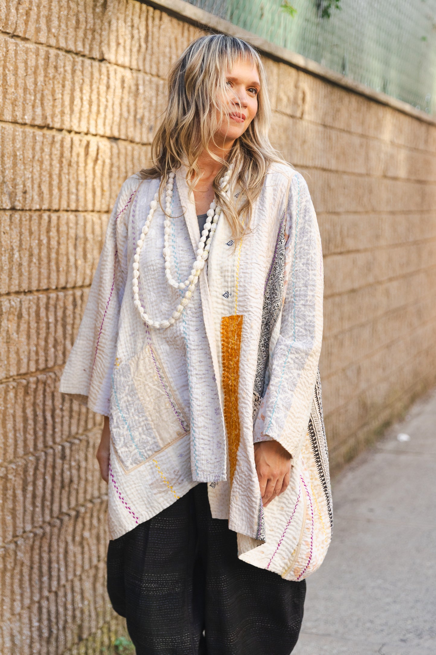 JEWEL WOVEN WITH VERTICAL PATCH KANTHA A-LINE JACKET - jv4003-ivy -