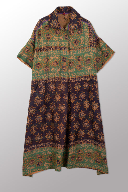 VINTAGE COTTON & NEW VOILE KANTHA WING COLLAR DRESS - cn2454-0001a -