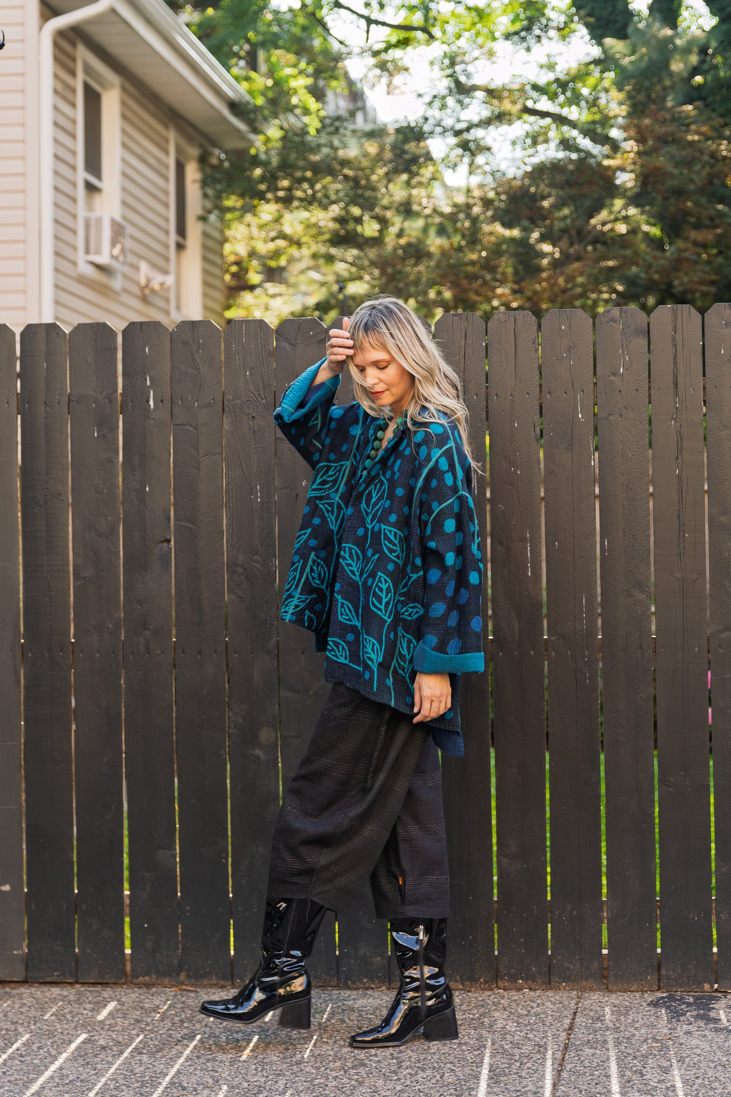 POLKA DOTS & LEAVES KANTHA OVERSIZED MINI COAT - dl4332-tuq -