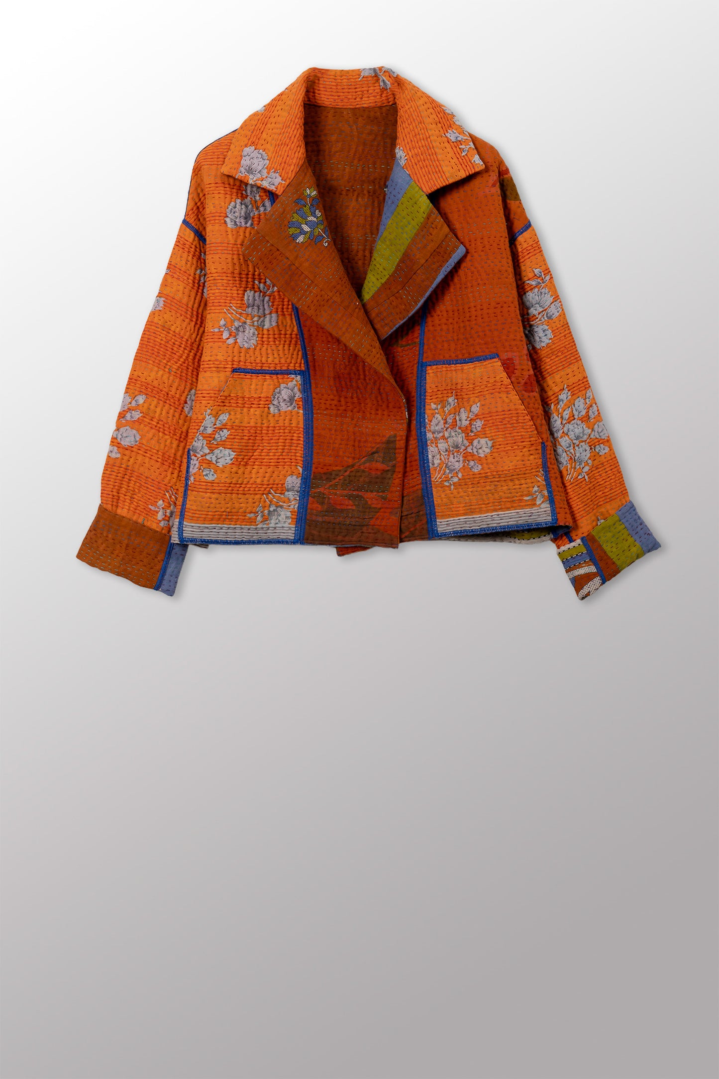 VINTAGE COTTON KANTHA NEW LAPELED SHORT JACKET - cv4j101-0001s -