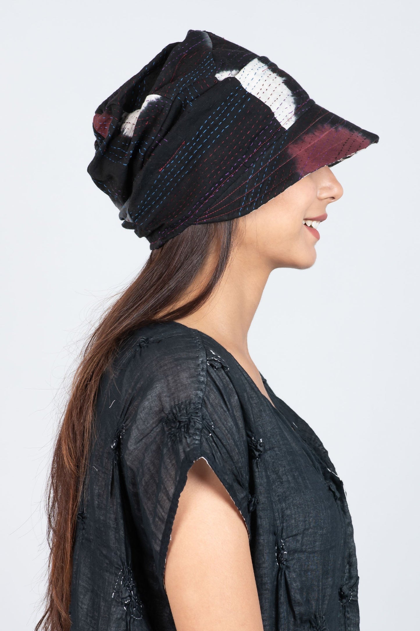 PATCH & CIRCLE PRINT KANTHA HALF BRIM HAT - pc2881-blk -