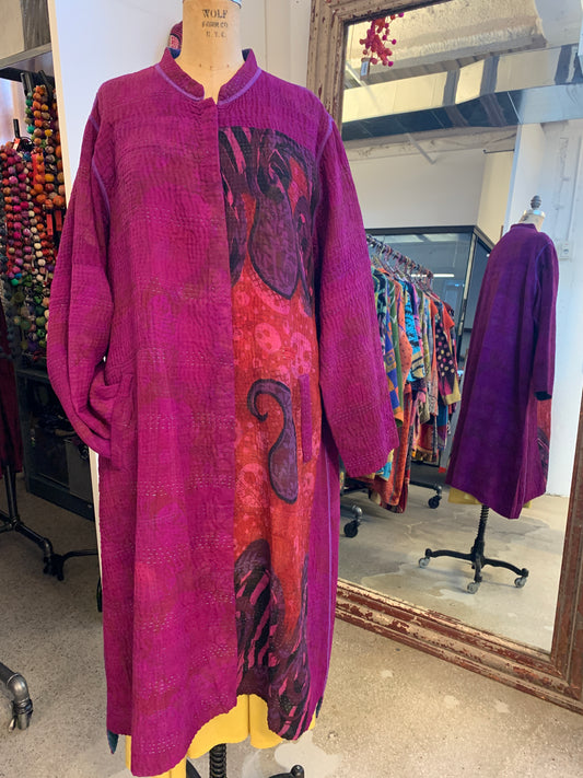 VINTAGE SILK GEORGETTE COTTON KANTHA KAFTAN COAT - gc4343-0001m -