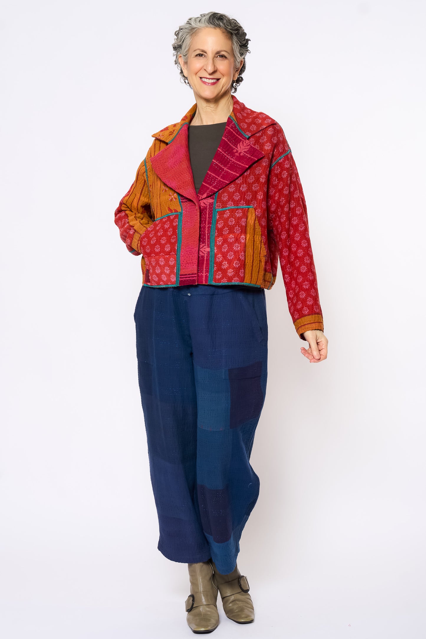 COTTON OVERDYE KANTHA NEW LAPELED SHORT JACKET - ov4j101-cpik001s -