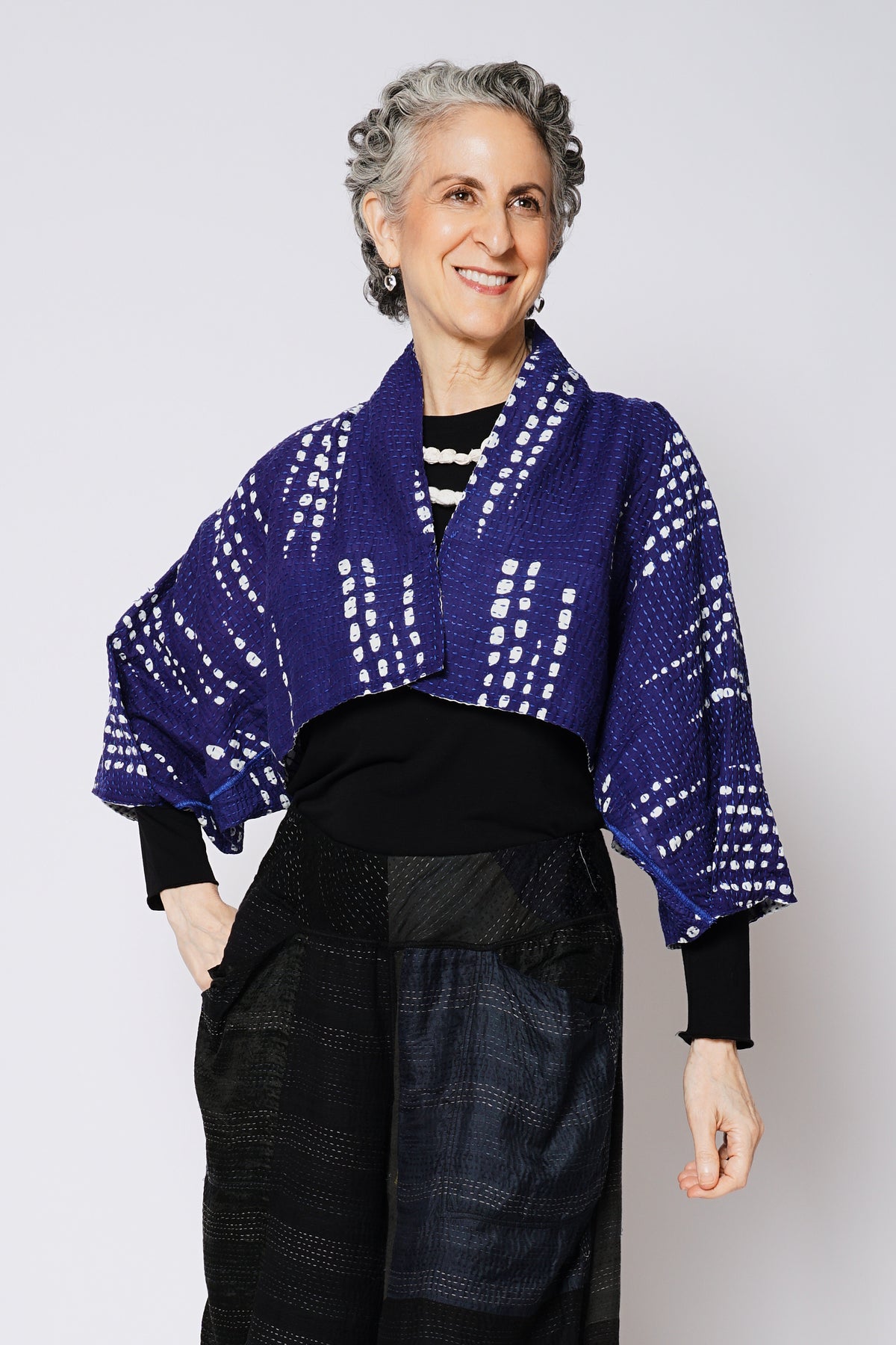 SHIBORI DROP BBK KANTHA PUFF SLV. SHRUG - sd2062-blu -