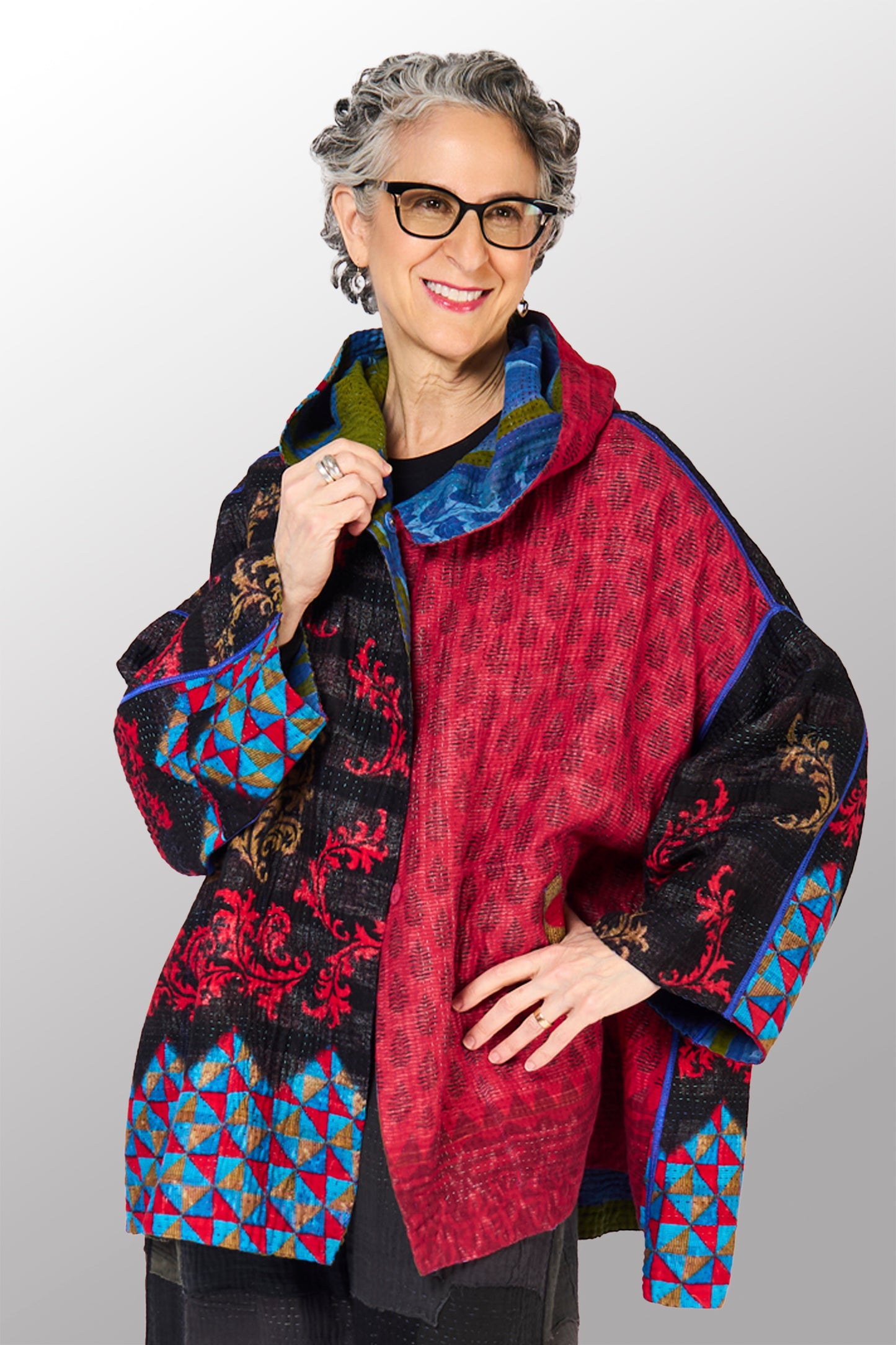 VINTAGE COTTON KANTHA HOODIE PONCHO - cv4064-0033a -