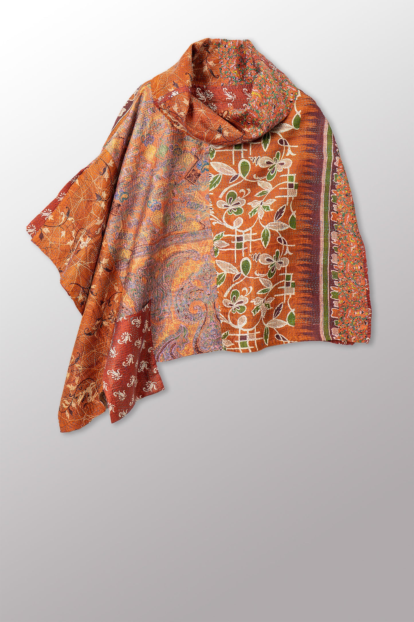 VINTAGE SILK KANTHA COWL NECK LONG CAPE - sv2842-0013a -