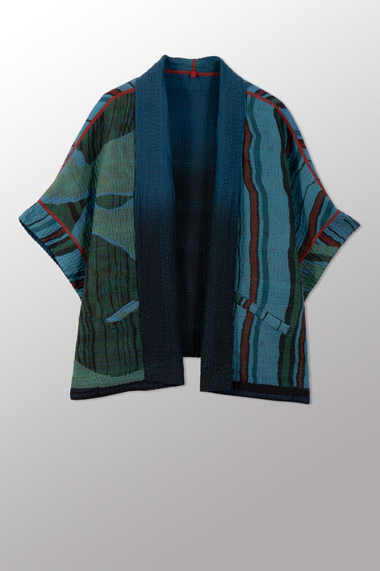 OVERDYED STRIPE AND BENDS KANTHA MINI PONCHO - sb4060-blu -