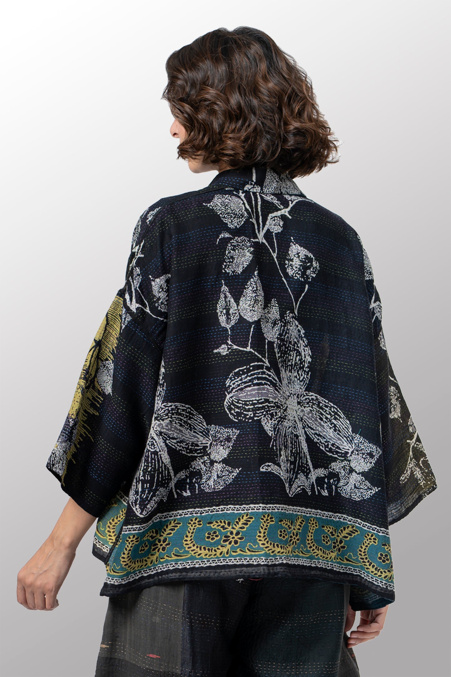 ORGANIC LEAVES KANTHA CROPPED TENT SHIRT - ol2596-blk -