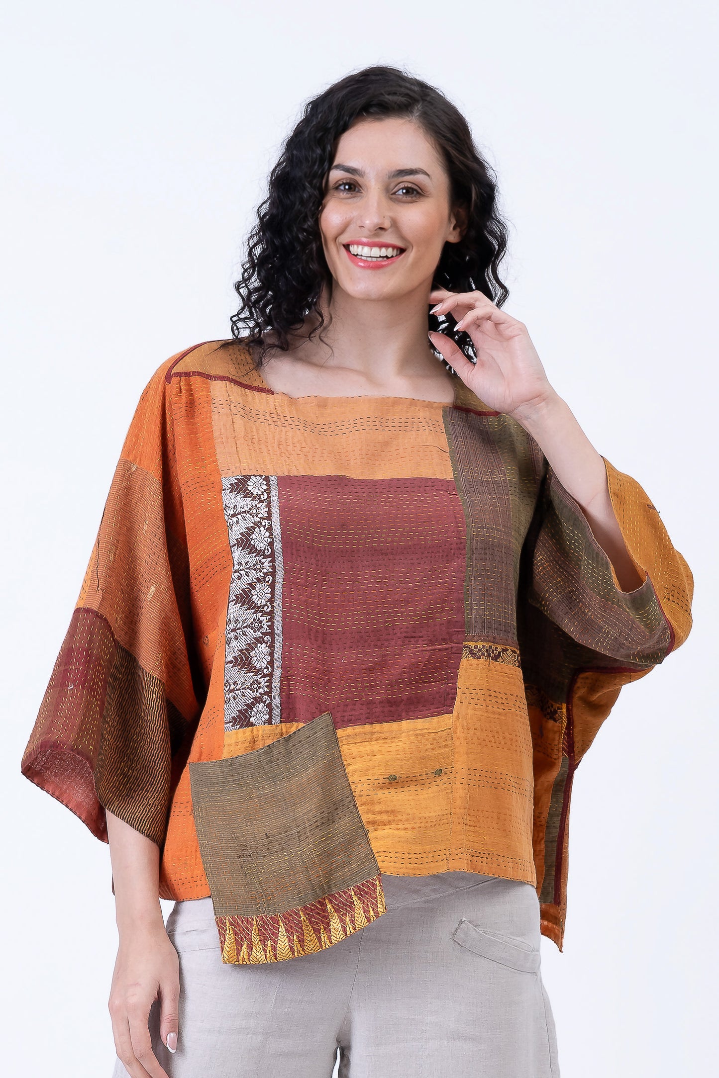 BROCADE PATCHED KANTHA 3/4 SLV. CROP TOP MIO - bp2538-org -
