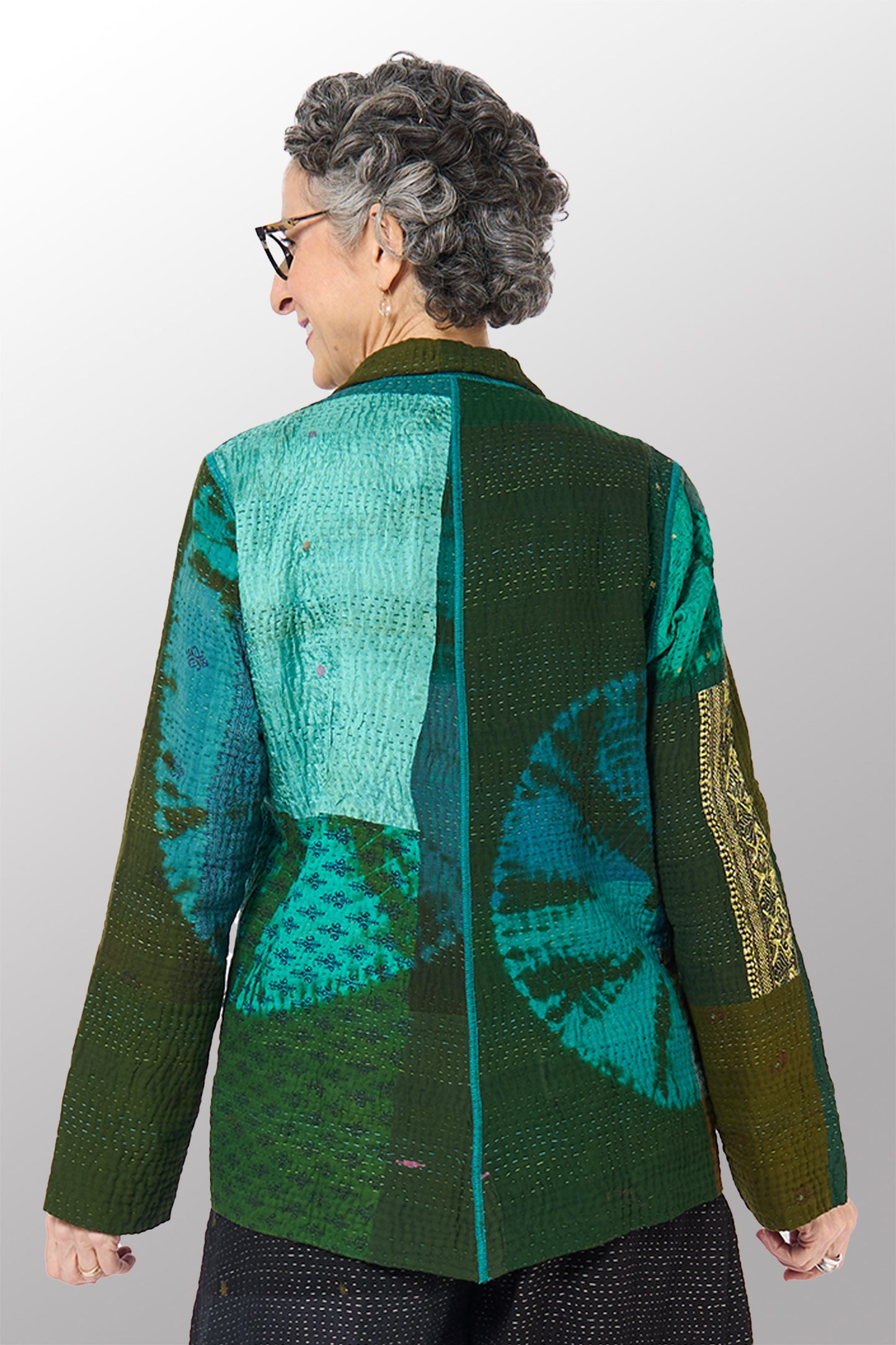 SHIBORI TIE DYE COTTON SILK SW PATCH KANTHA SIMPLE JKT - st-ws4022-grn -