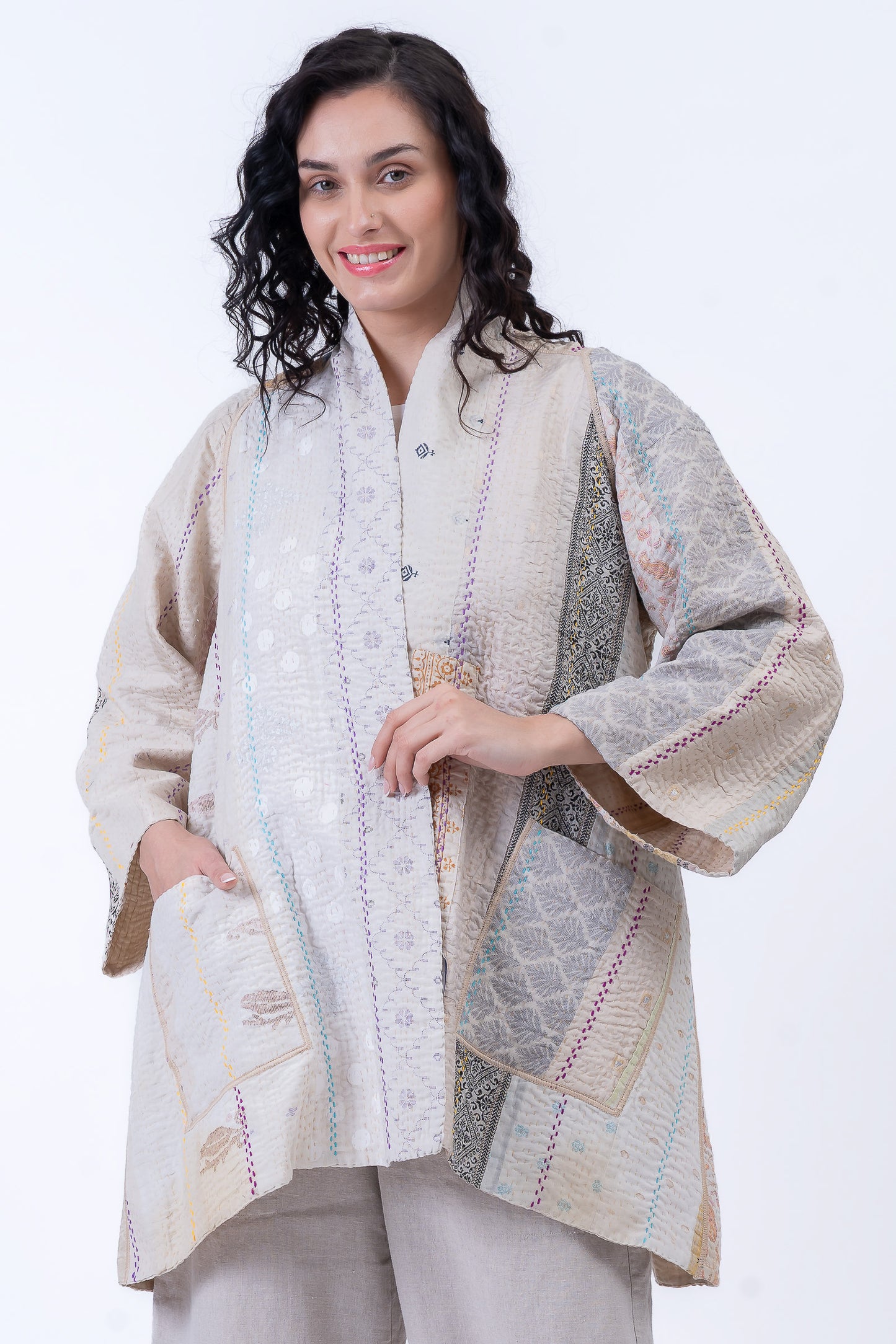 JEWEL WOVEN WITH VERTICAL PATCH KANTHA A-LINE JACKET - jv4003-ivy -