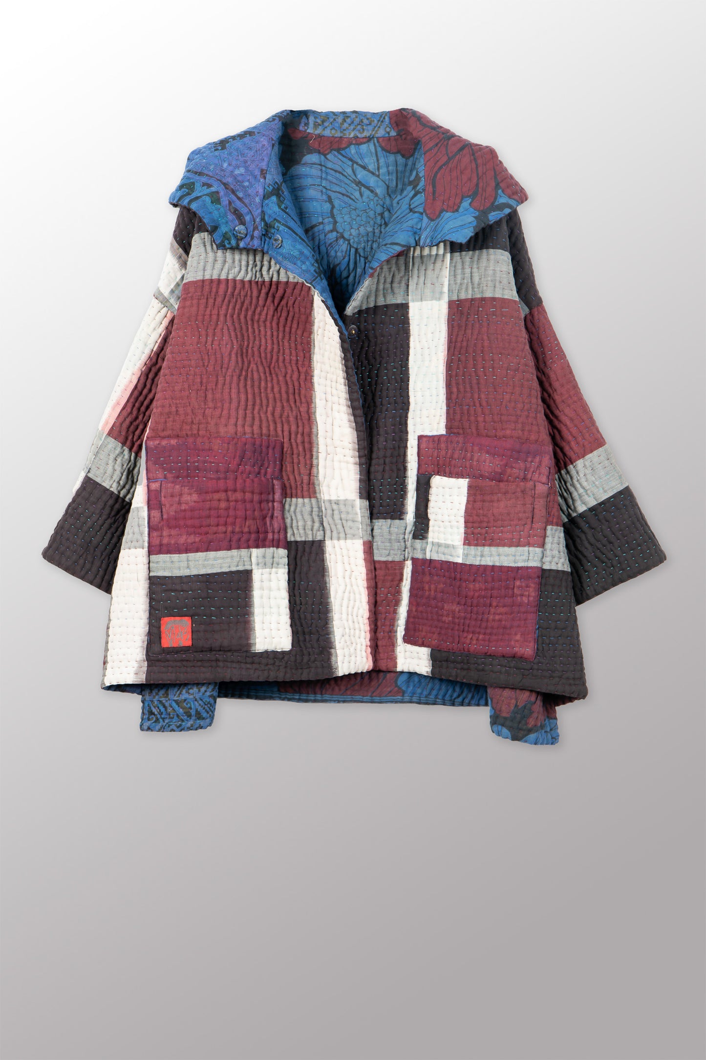 QUILTED OVERDYE COTTON KANTHA HOODIE PONCHO - oq5064-cblu004a -