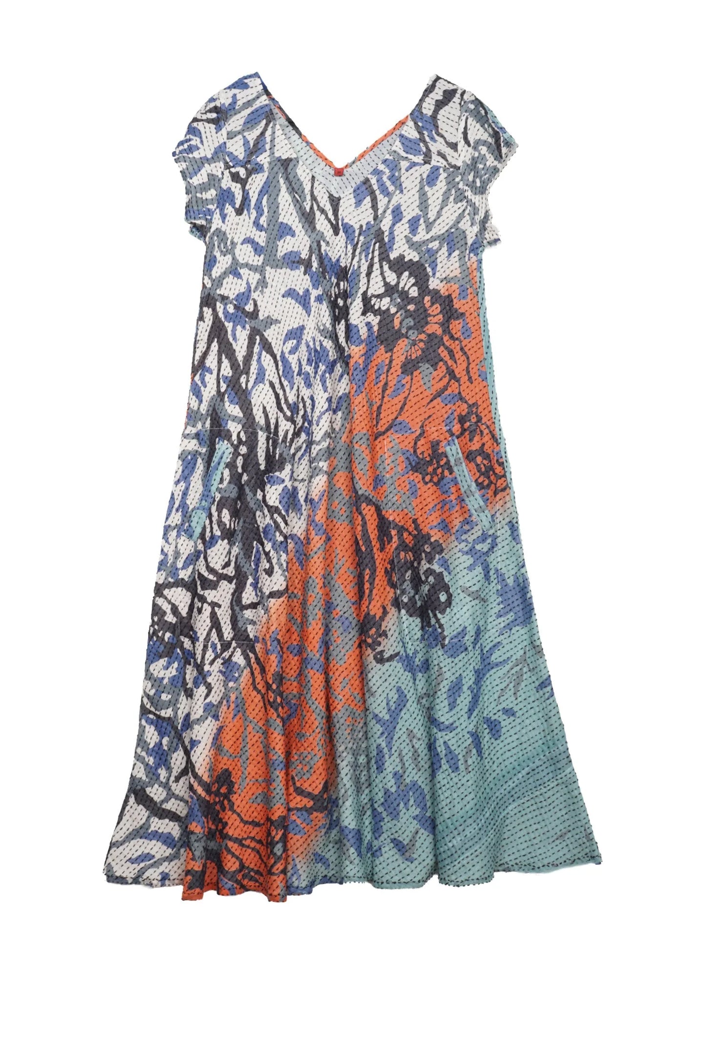 SUMMER BREEZE PRINT KANTHA CAP SLV. FLARE DRESS - sz2425-blu -