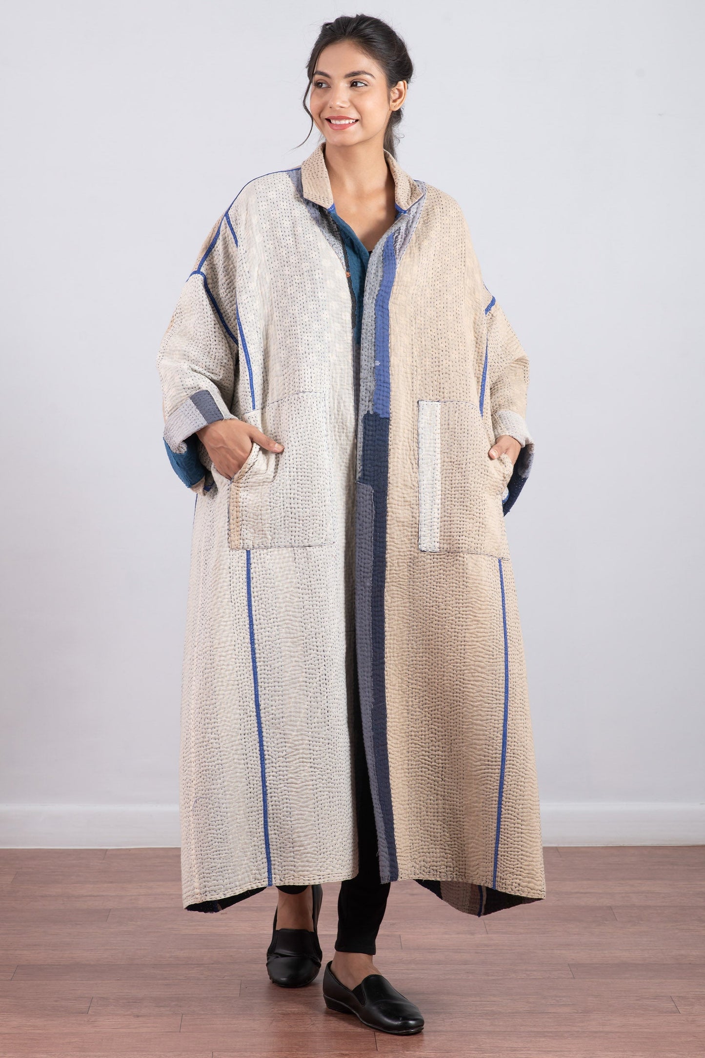 COTTON STRIPE PATCH KANTHA OVERSIZED COAT - cs4326-blu -