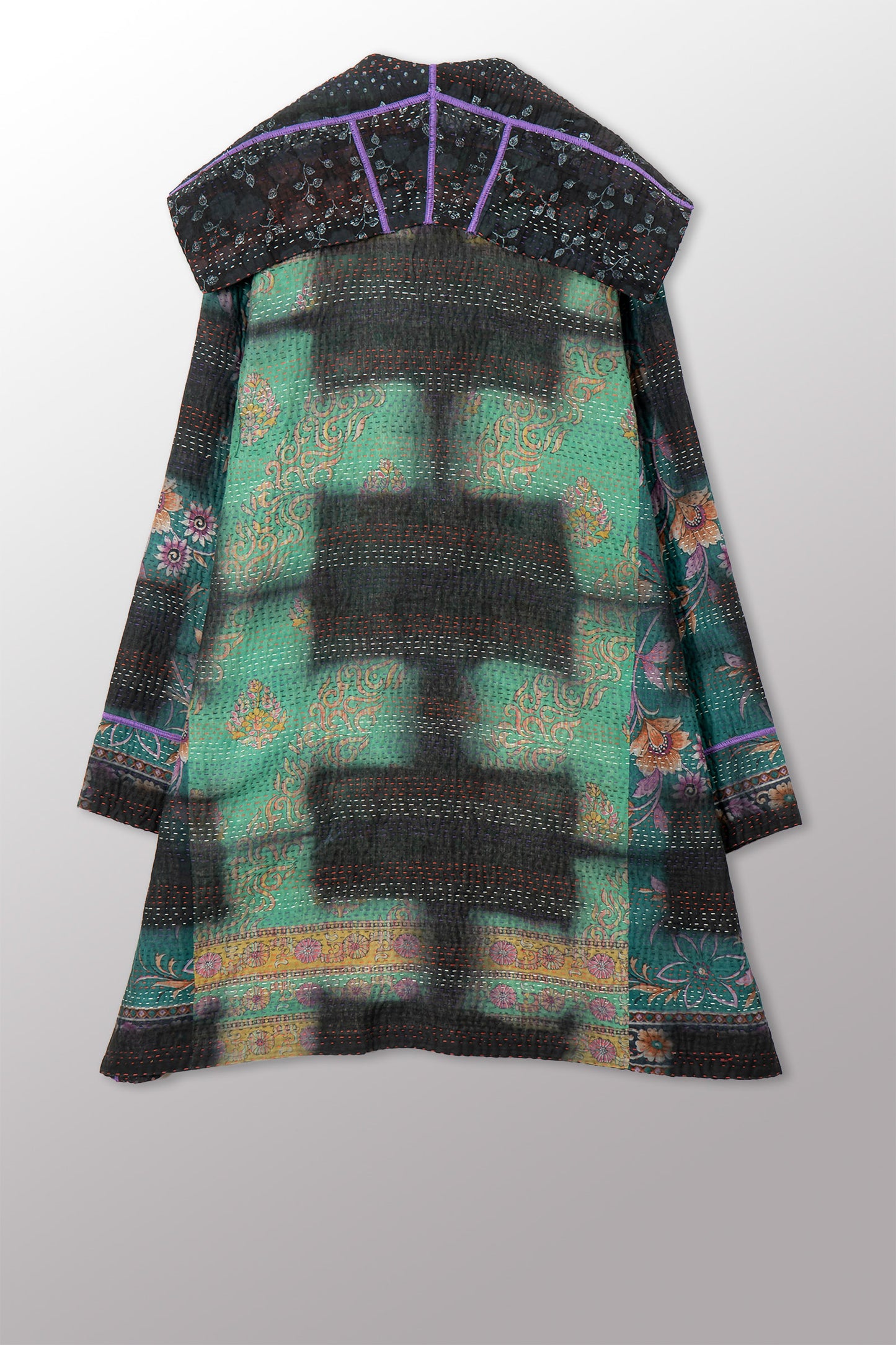 VINTAGE COTTON GREY CLAMP TIE DYE KANTHA POCKET MEDIUM COAT - su4316-0001m -