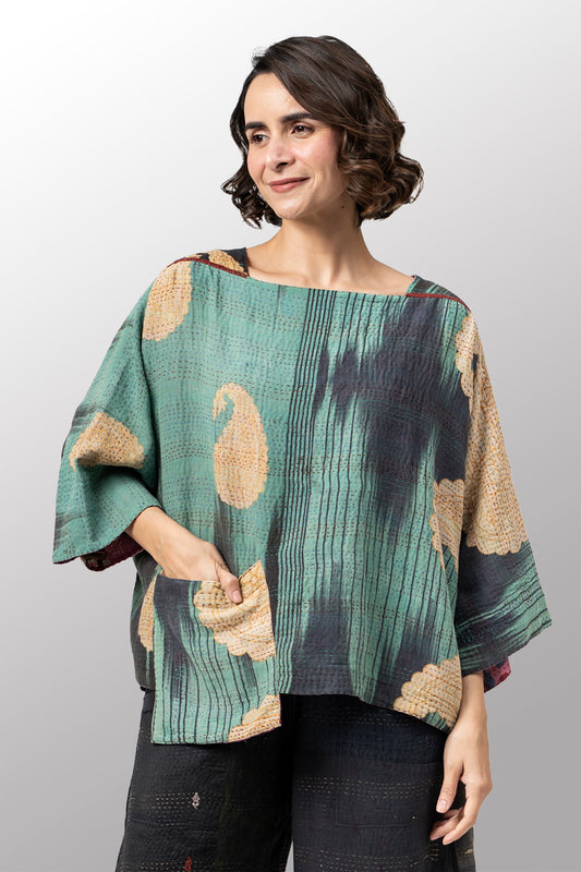 VINTAGE COTTON KANTHA 3/4 SLV. CROP TOP MIO - cv2538-0030a -