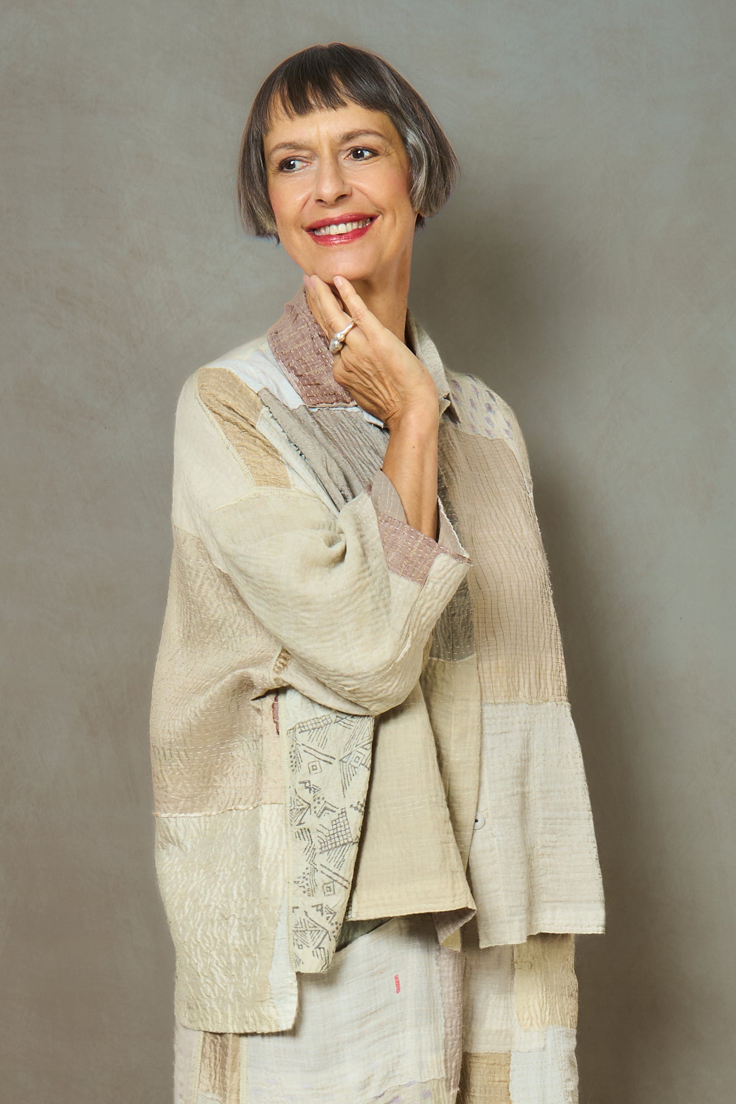 MOSAIC FRAY PATCH KANTHA CROPPED TENT SHIRT - zb2596-ivy -