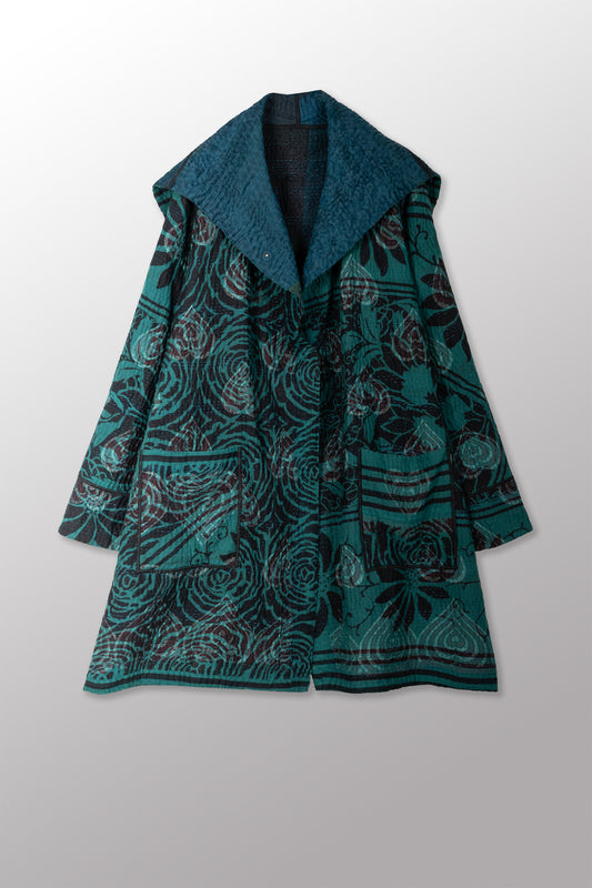 EMERALD GREEN KANTHA POCKET MEDIUM COAT - eg4316-tel -