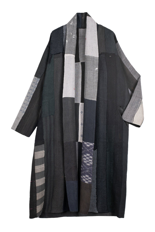 STRIPE AND CHECK COTTON SILK PATCH KANTHA  ROBE COAT - ss4329-blk -