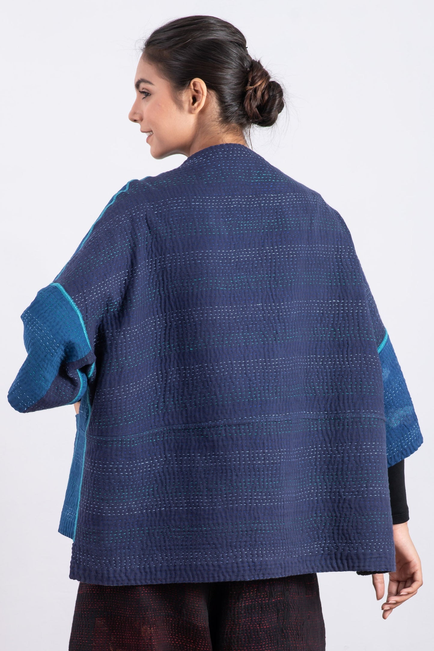 MONOTONE TWILIGHT PRINT KANTHA STRAIGHT NECK JKT - tp4058-blu -