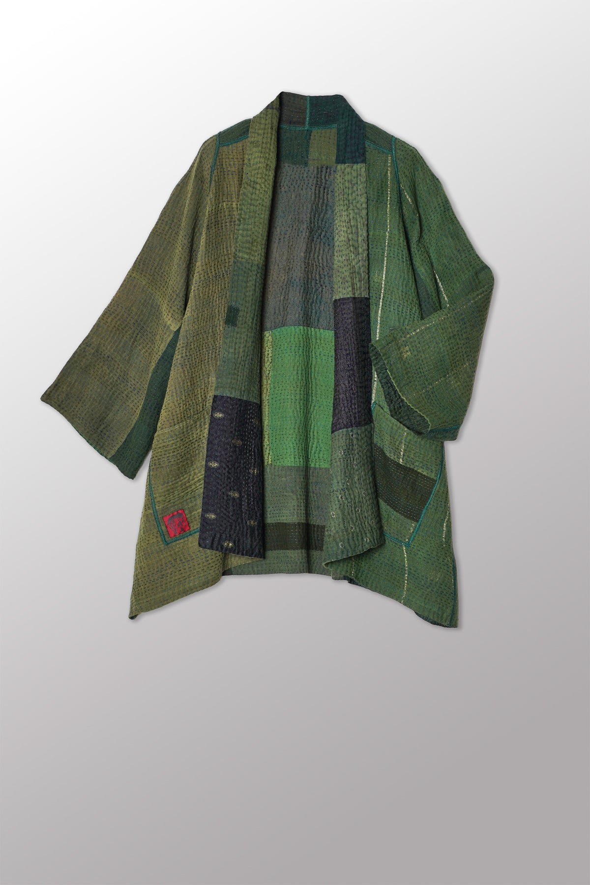 OVERDYED COTTON SILK SW PATCH OMBRE KANTHA A-LINE JACKET - ov-wo4003-grn -