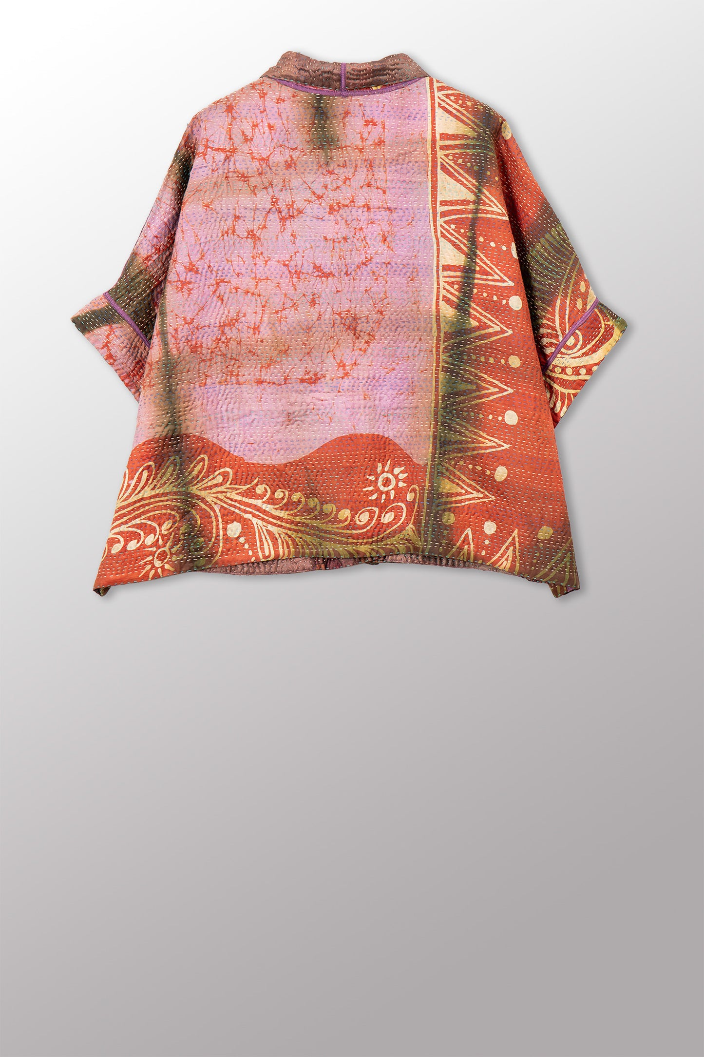 VINTAGE PRINTED SILK CLAMP DYE WITH JACQUARD KANTHA MINI PONCHO - sk4060-0001a -