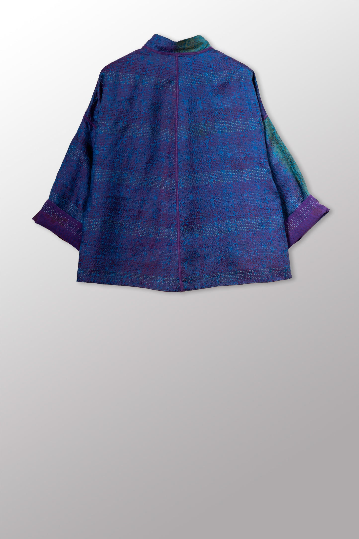 GEORGETTE JACQUARD VINTAGE SILK PATCH KANTHA STAND COLLAR CROPPED JACKET - gj2034-0001a -