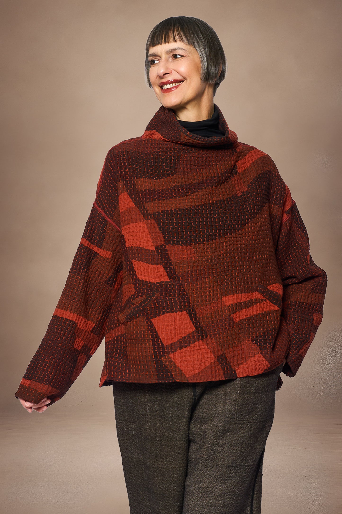 ABSTRACT WAFFLE KANTHA FUNNEL NECK PULLOVER - bw3t106-org -