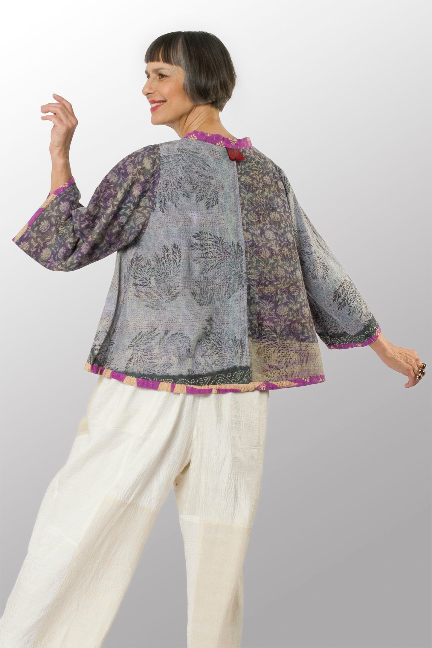 VINTAGE COTTON KANTHA V-NECK FLARE TOP - cv2567-0001m -
