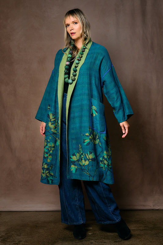 BLOOMING FLOWERS KANTHA SIMPLE ROBE - bf4334-blu -