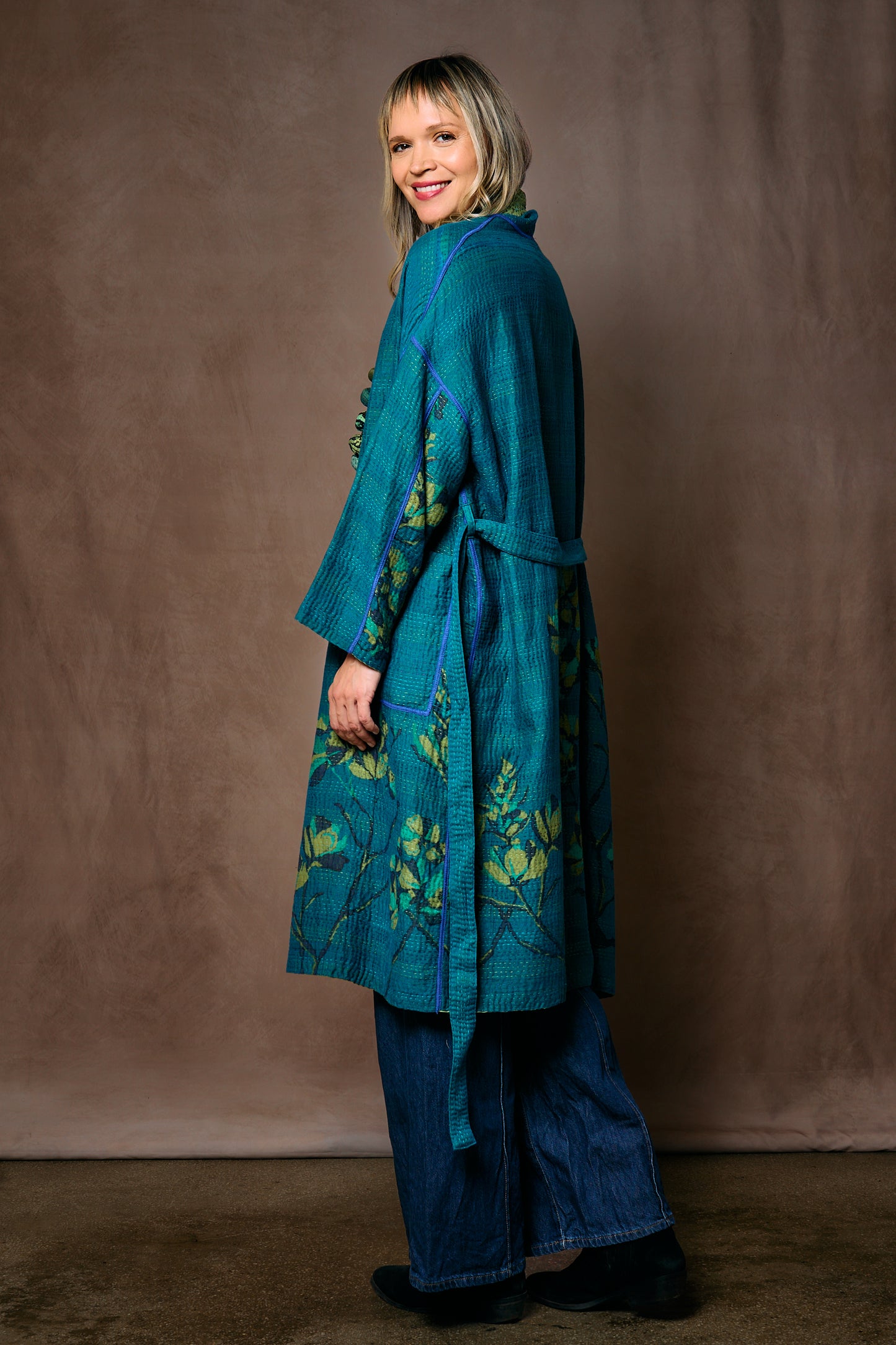 BLOOMING FLOWERS KANTHA SIMPLE ROBE - bf4334-blu -