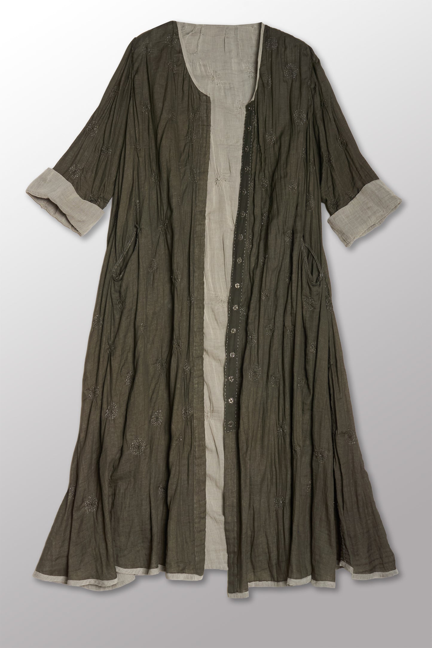 GAUZE SHIBORI GARMENT KANTHA A-LINE DRESS - bl-gg2460-gry -