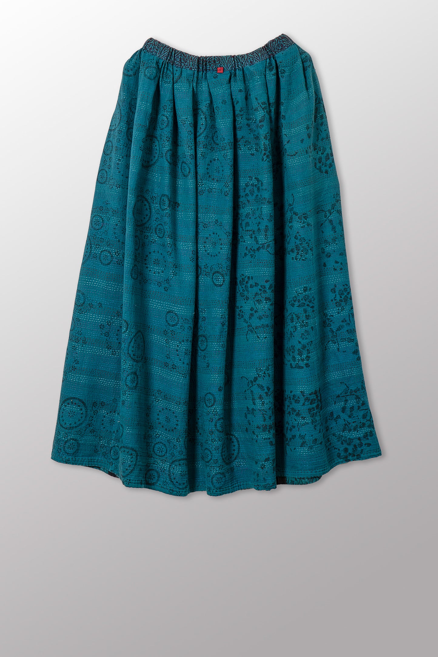 VINTAGE COTTON & NEW VOILE KANTHA TUCKED GATHER SKIRT - cn2663-0001s -