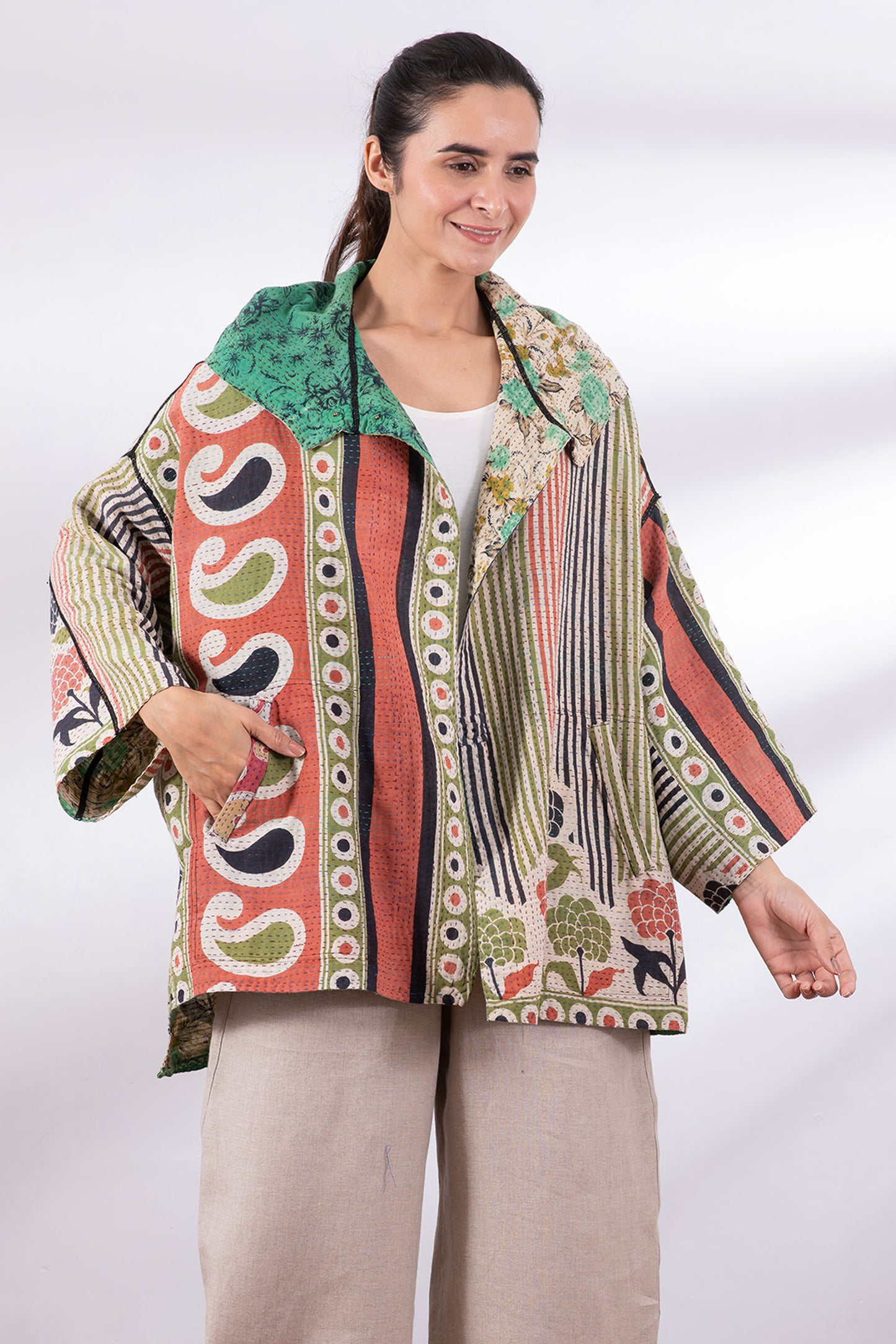 VINTAGE COTTON KANTHA HOODIE PONCHO