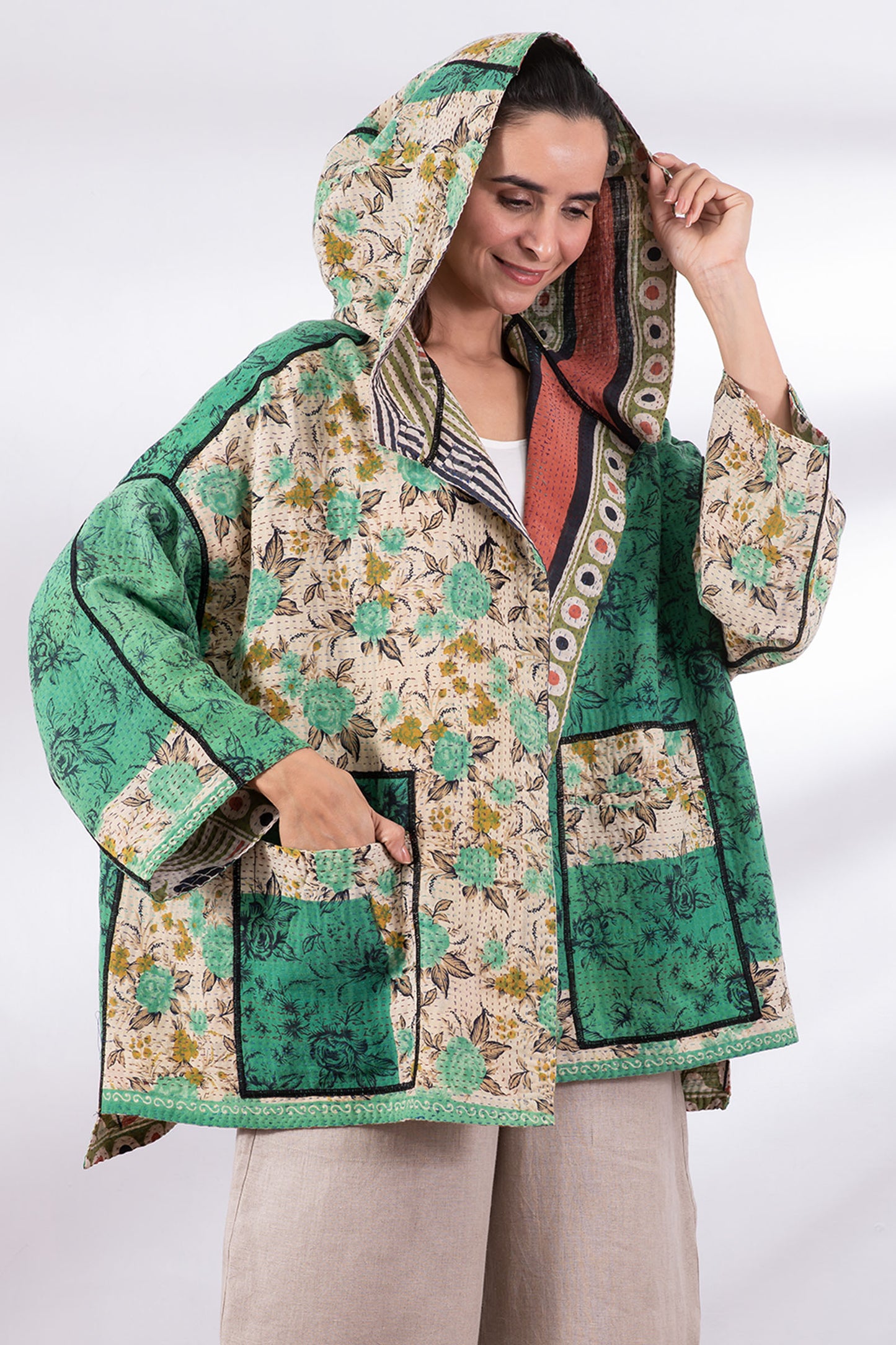 VINTAGE COTTON KANTHA HOODIE PONCHO