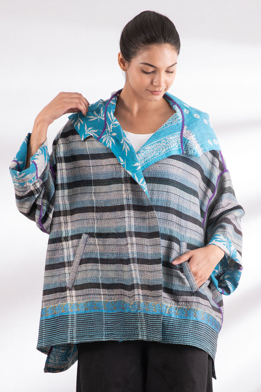 VINTAGE COTTON KANTHA HOODIE PONCHO