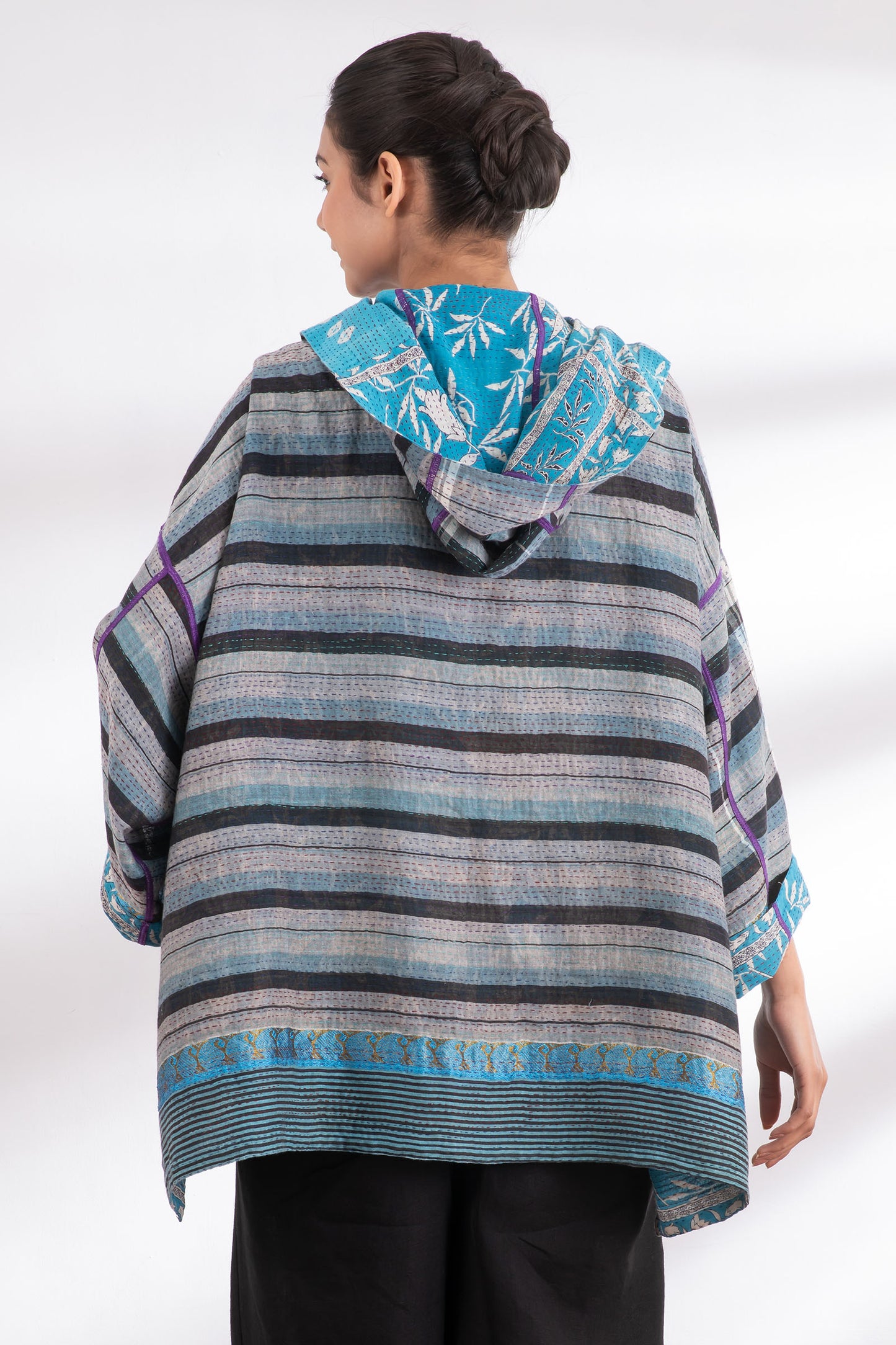 VINTAGE COTTON KANTHA HOODIE PONCHO